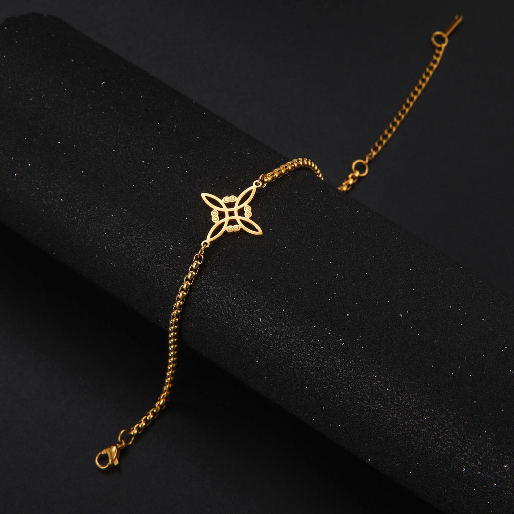 Korean Popular Witch’s Knot Bracelet, Stainless Steel Box Chain Bracelet with S-Shape Double Hole Charm, Wholesale Adjustable Daily Jewelry